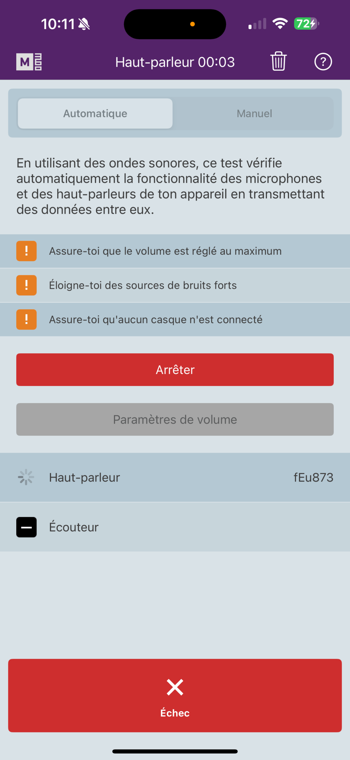 Résultat du test du haut-parleur avec M360 sur l'iPhone 15 Pro Max